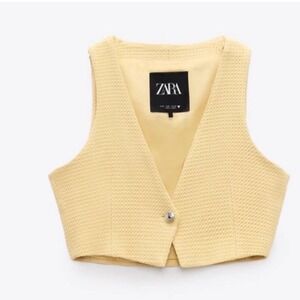 Zara Womens Yellow Textured Cropped Waistcoat V-Neck Button Vest Large L
